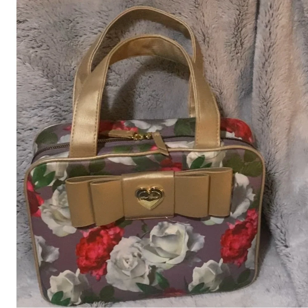 Gold and Red Cosmetic Bag with Floral Design
